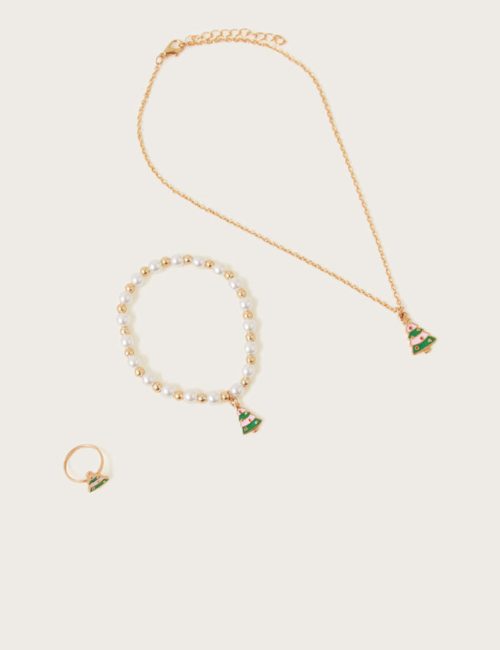 A sweet gift for their Christmas Eve box, this jewellery set is comprised of a beaded bracelet, necklace, and adjustable ring that boasts an enamel Christmas tree charm.